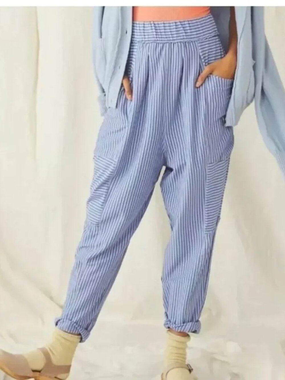 Free People Blue and White Striped Track Pants
